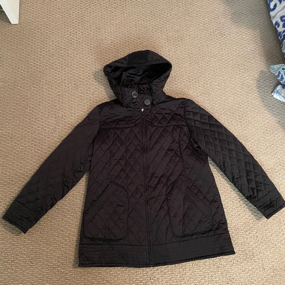 Jones New York Women’s XL Black Quilted Lightweight Puffer Jacket with Hood EUC